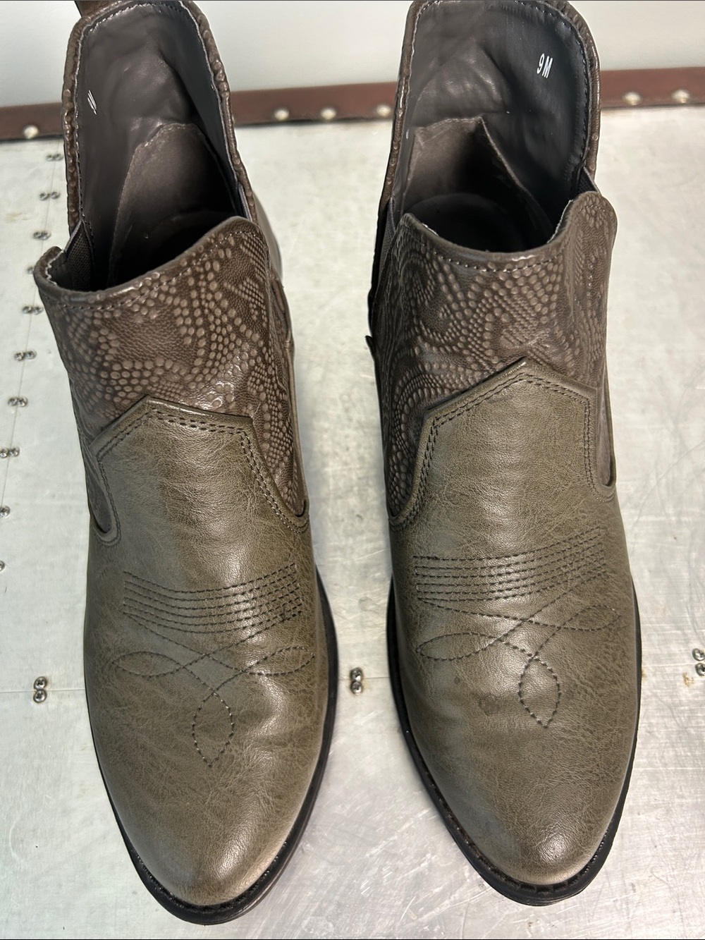 Easy Street Olive Brown Western Ankle Boots with Decorative Stitching